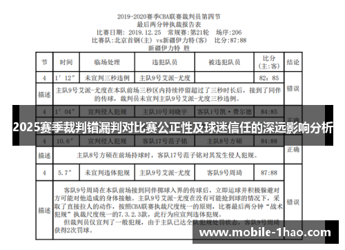 2025赛季裁判错漏判对比赛公正性及球迷信任的深远影响分析