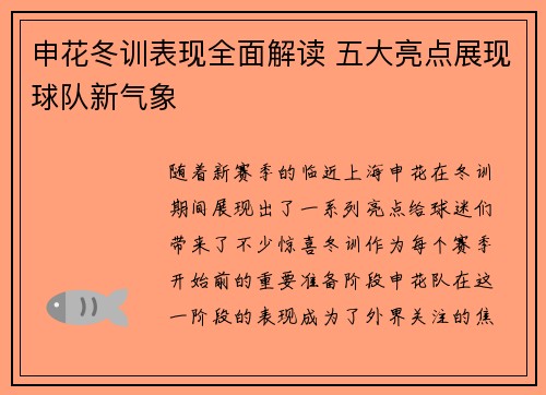 申花冬训表现全面解读 五大亮点展现球队新气象