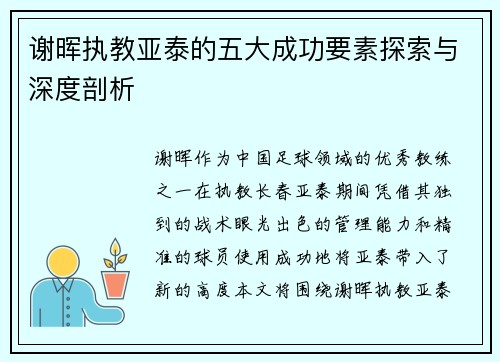 谢晖执教亚泰的五大成功要素探索与深度剖析