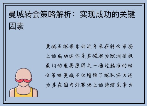 曼城转会策略解析：实现成功的关键因素